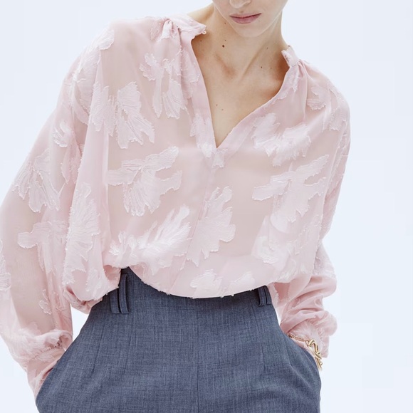H&M JACQUARD-WEAVE BLOUSE Soft Pink Floral Size L - Picture 3 of 16
